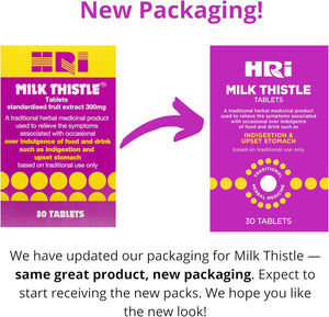 HRI Milk Thistle 30 Tablets - to Relieve Symptoms Associated with over Indulgence of Food and Drink Such as Indigestion and Upset Stomach. 300 Mg of Milk Thistle Extract. 1 Pack