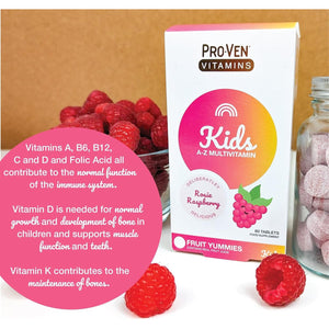 Proven A-Z Kids Multivitamin Chewable Tablets Raspberry Flavour Yummies 60 Tablets Daily Childrens Multivitamins with 13 Essential Vitamins for Immune Function, Bones, Teeth & Energy - 2 Month Supply