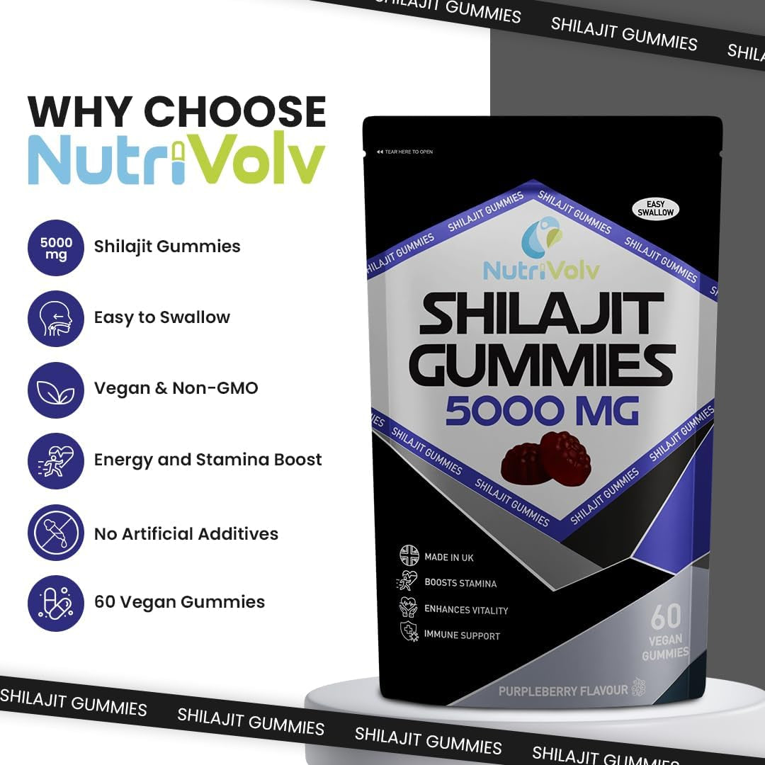 Himalayan Shilajit Gummies | 5000Mg High Strength | 60 Count | Pure Shilajit for Men and Women | Purpleberry Flavoured | Vegan | 85+ Trace Minerals, Rich in Fulvic Acid | Energy Immune | by Nutrivolv