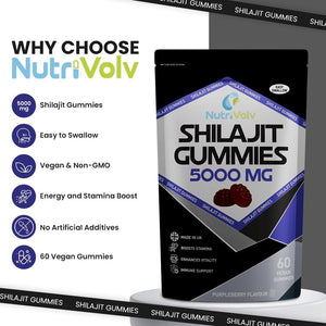 Himalayan Shilajit Gummies | 5000Mg High Strength | 60 Count | Pure Shilajit for Men and Women | Purpleberry Flavoured | Vegan | 85+ Trace Minerals, Rich in Fulvic Acid | Energy Immune | by Nutrivolv