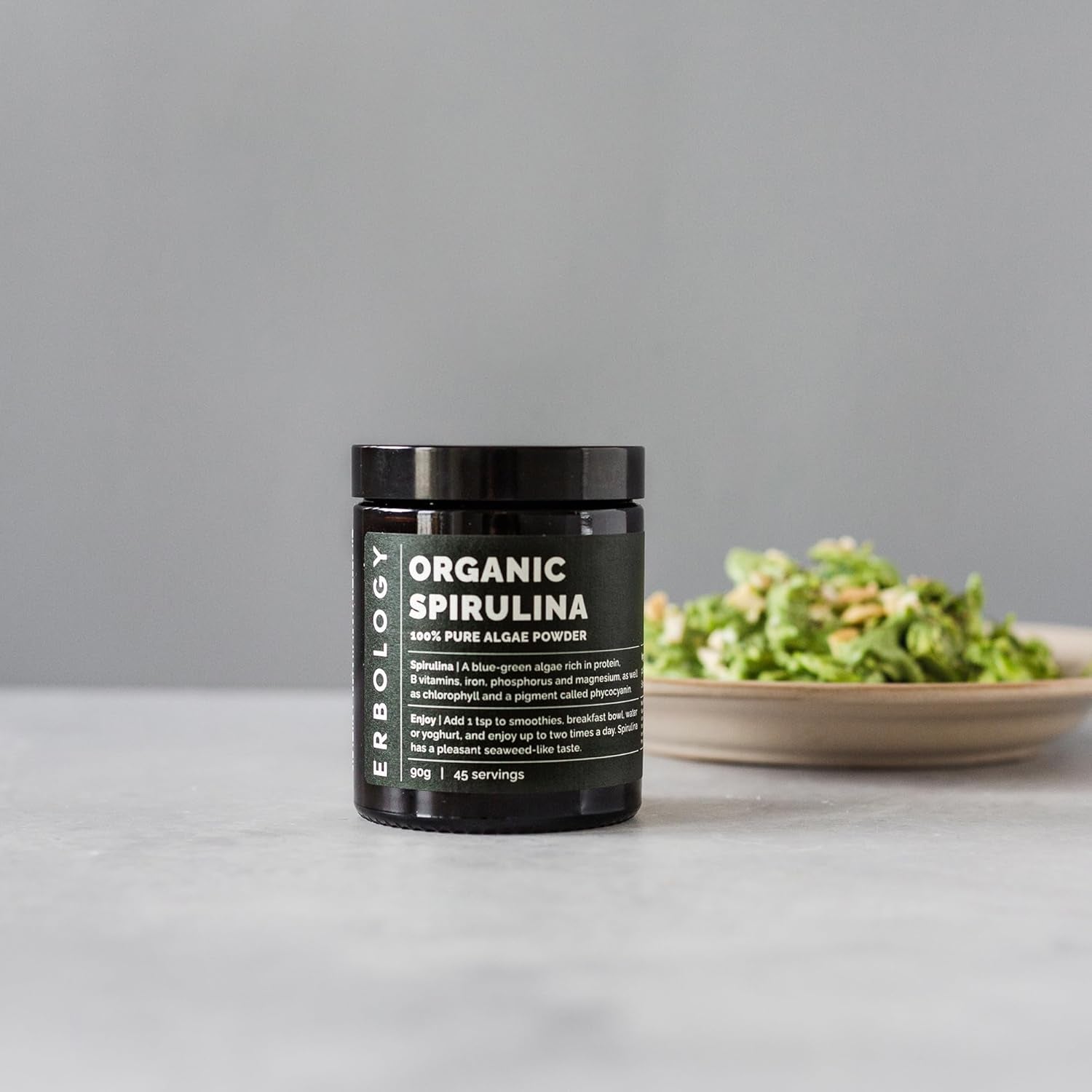 Erbology Organic Spirulina Powder 90G - 45 Servings - Sustainably Sourced in Portugal - Energy and Immunity Support - Rich in Chlorophyll, B Vitamins, Iron and Phosphorus - Vegan - Gmo-Free