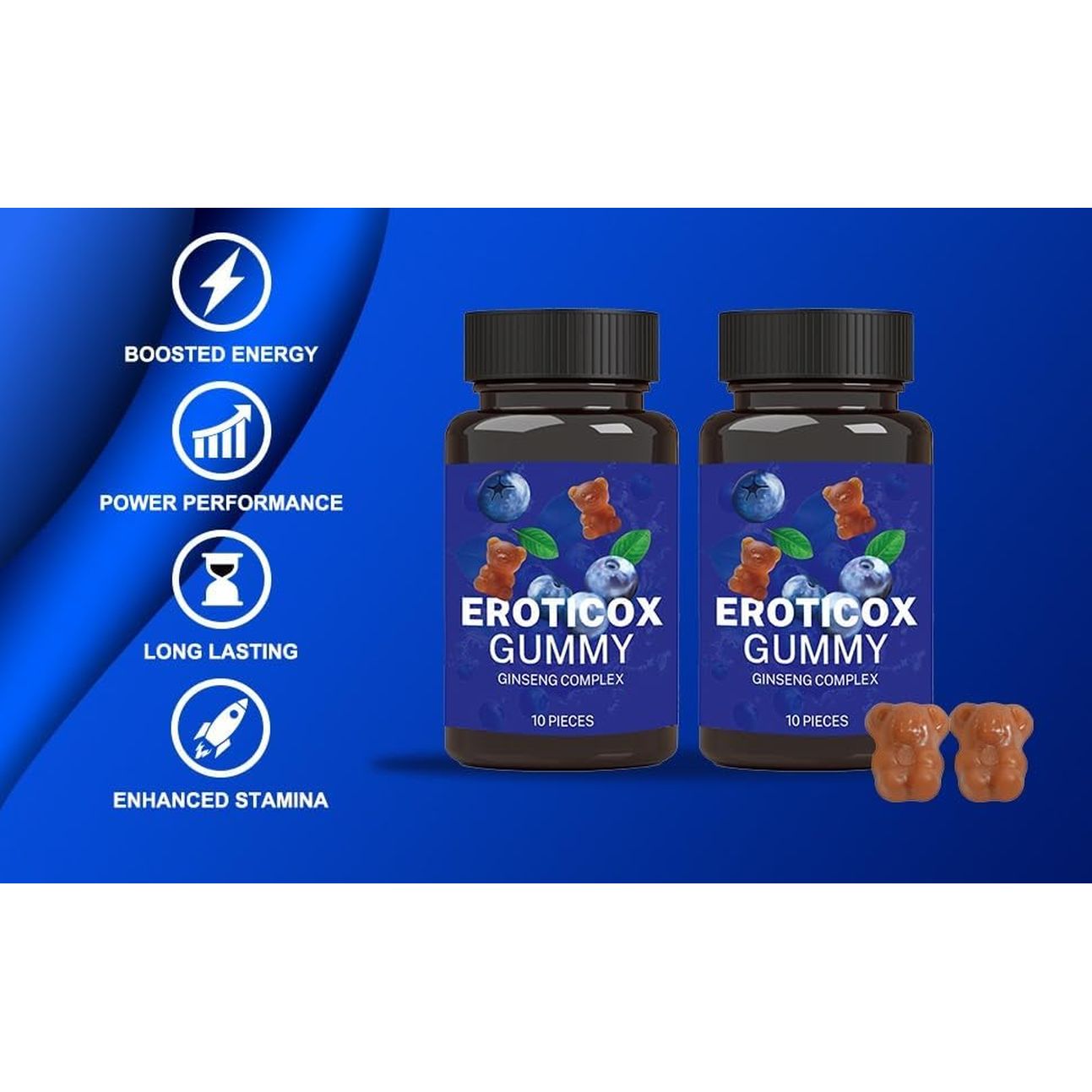 EROTICOX 500Mg | Stronger | Longer | Harder | Performance | Extra Strength Enhancing, Stamina Endurance Booster Supplement for Men | 10 Ginseng Blue Barry Flavour Gummy