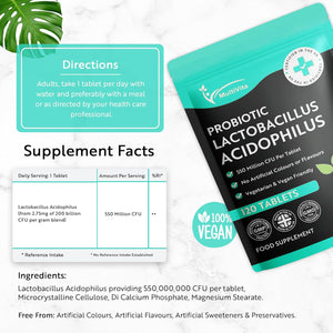 Acidophilus Lactobacillus Probiotic - 120 X 550 Million CFU Tablets - Supports Healthy Gut Microbiome & Digestion System - Reduce Bloating - Probiotic Supplements for Men & Women - Vegan and GMO Free