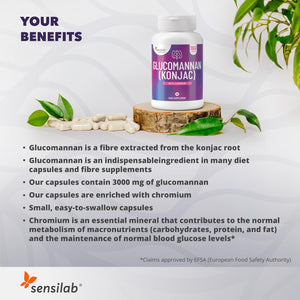 Glucomannan (Konjac) 3000 Mg High Dose Capsules with Chromium, Vegan, Additives Free, Allergen Free, Non-Gmo, 180 Capsules by Sensilab Essentials