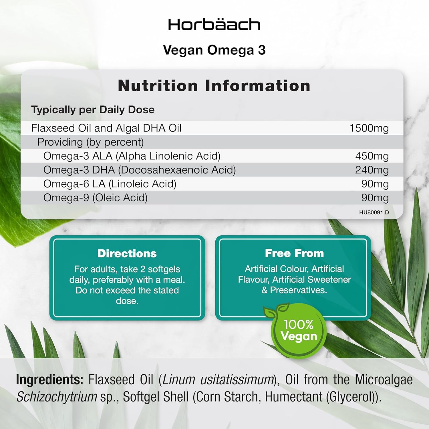 Vegan Omega 3 DHA from Algae Oil 1500Mg | 60 Softgels | High Strength 450Mg of ALA and 240Mg of DHA per Serving | by Horbaach