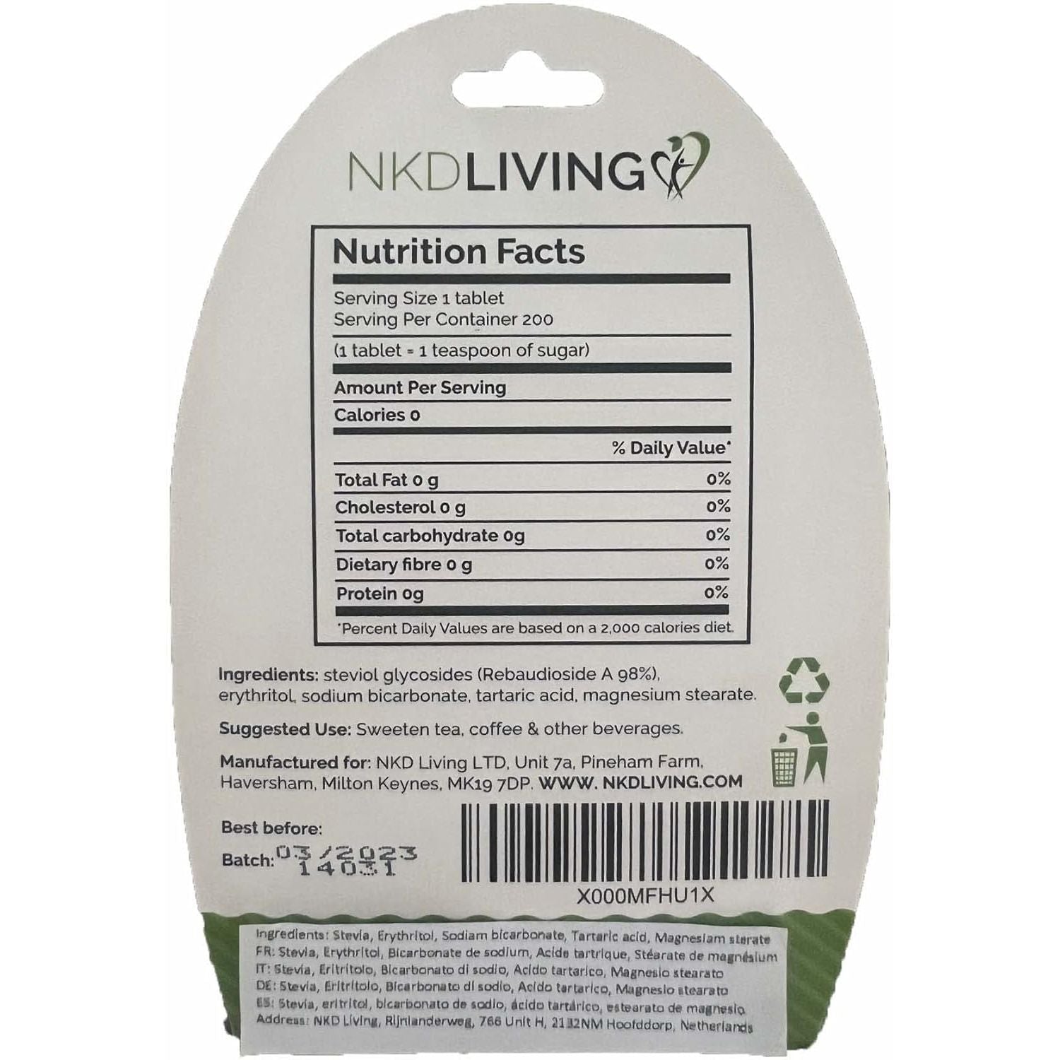 NKD Living Pure Stevia Sweetener Tablets - 200 Tablets - Non-Bitter