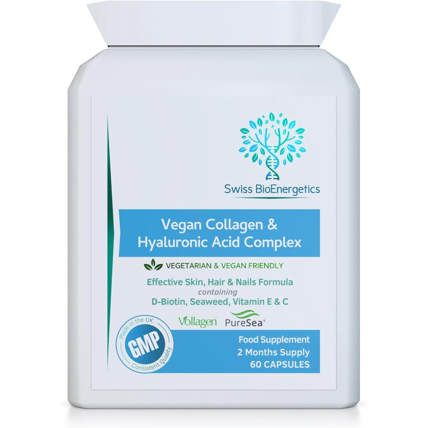 Vegan Collagen & Hyaluronic Acid Complex - 60 Capsules - Effective Skin, Hair & Nails Formula with 500Mg of Vollagen in the Exact Amino Ratios of Human Collagen - D-Biotin, Seaweed, Vitamins E&C