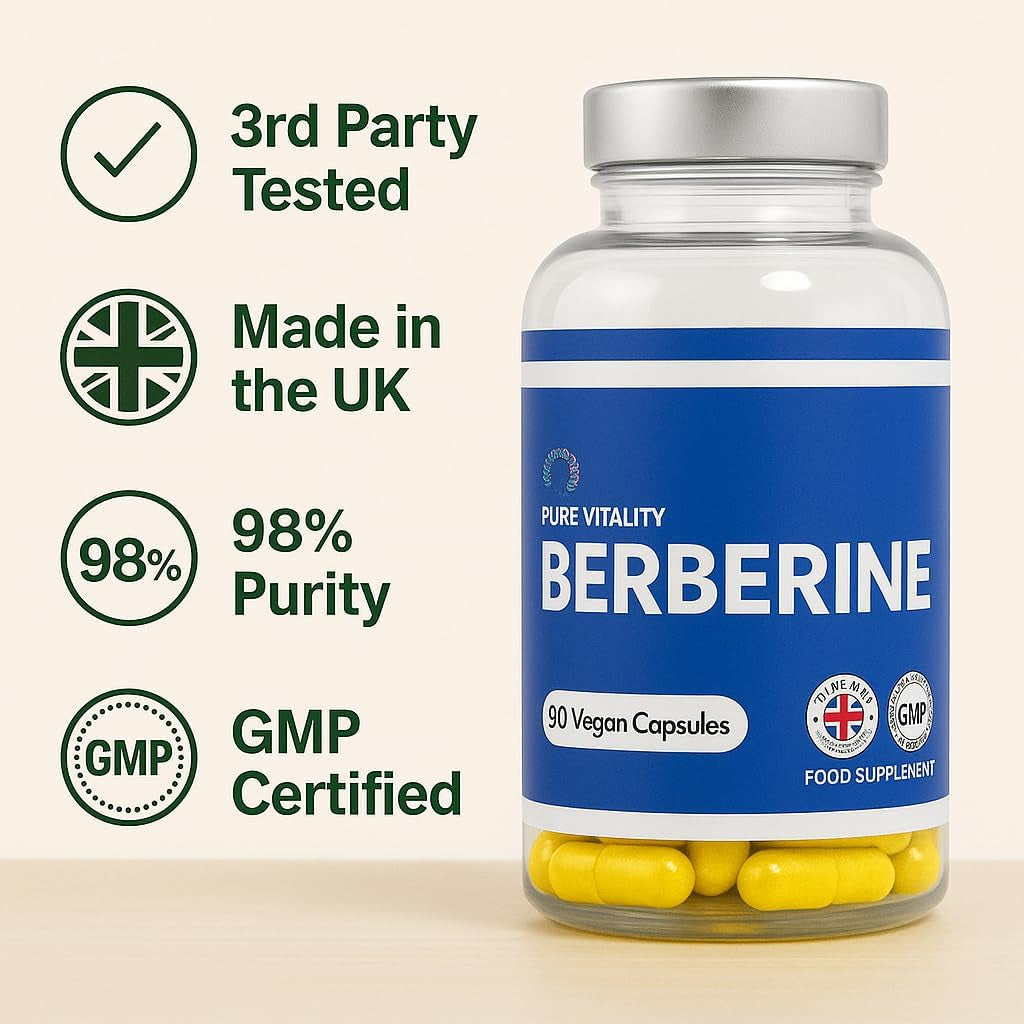 Pure Vitality: Berberine HCL 90 Capsules 500Mg - 98% Purity - UK GMP Certified Manufacturer, Yellow