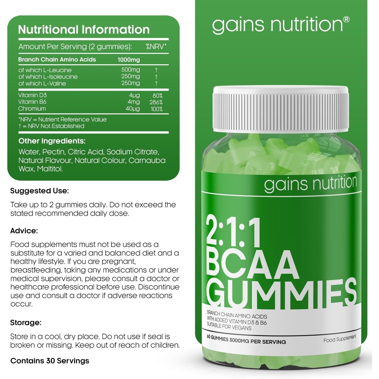 GN BCAA Gummies | 60 BCAA Amino Acid Supplements - 1000Mg Branch Chain Amino Acids per Serving - L-Leucine, L-Isoleucine & L-Valine | Apple Favour, Non-Gmo & Suitable for Vegans and Vegetarians