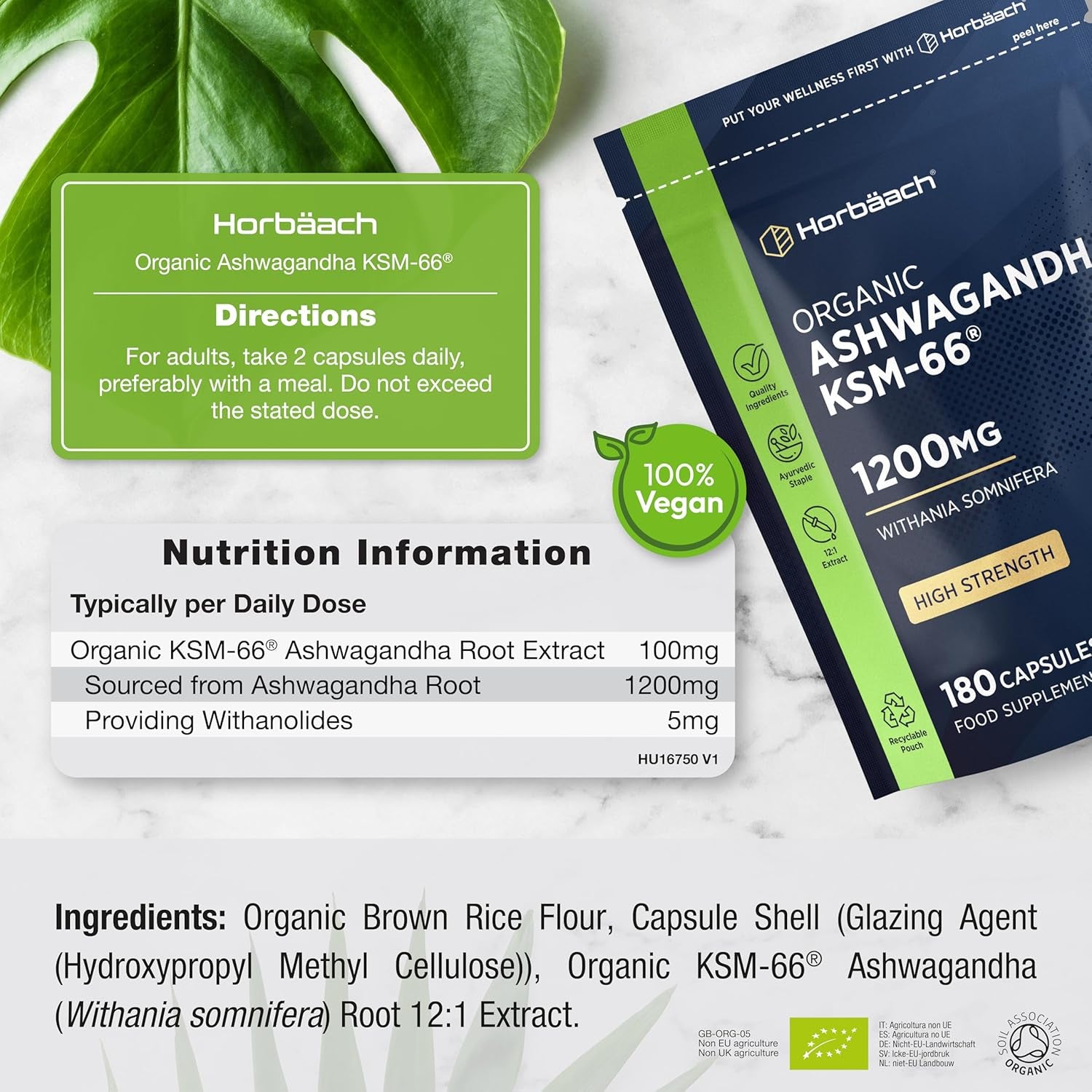 Organic Ashwagandha KSM-66® 1200Mg with 5% Withanolides | Pure Ashwagandha Root Powder | High Strength | 180 Vegan Capsules (Not Tablets) | Supplement for Men & Women | by Horbaach