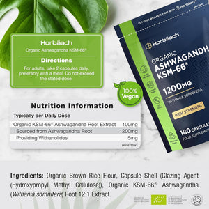 Organic Ashwagandha KSM-66® 1200Mg with 5% Withanolides | Pure Ashwagandha Root Powder | High Strength | 180 Vegan Capsules (Not Tablets) | Supplement for Men & Women | by Horbaach