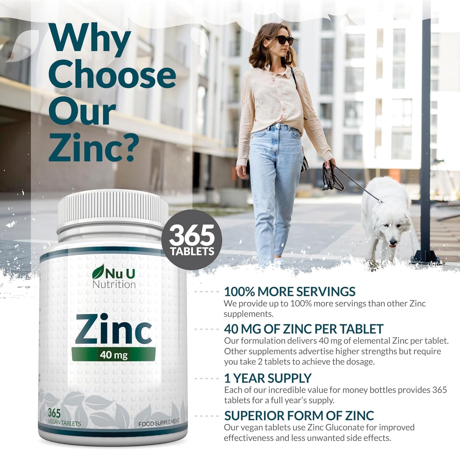 Zinc Tablets 40Mg - 365 Vegan Tablets - 1 Year Supply - 1 a Day - Easy to Swallow Zink Gluconate - Supplement for Men & Women - Made in the UK - Nu U Nutrition