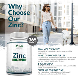 Zinc Tablets 40Mg - 365 Vegan Tablets - 1 Year Supply - 1 a Day - Easy to Swallow Zink Gluconate - Supplement for Men & Women - Made in the UK - Nu U Nutrition