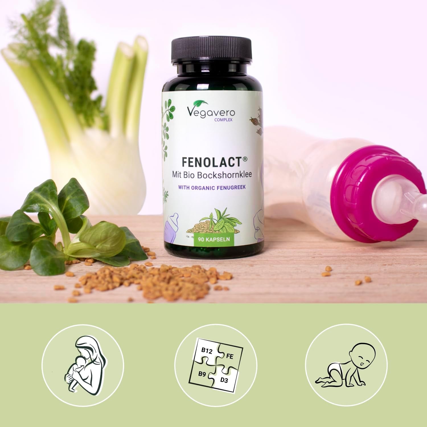 Vegavero Lactation Supplement | Breastfeeding Vitamins | Organic Fenugreek, Iron, Folic Acid and Vitamin D | NO Additives | 90 Capsules | Vegan