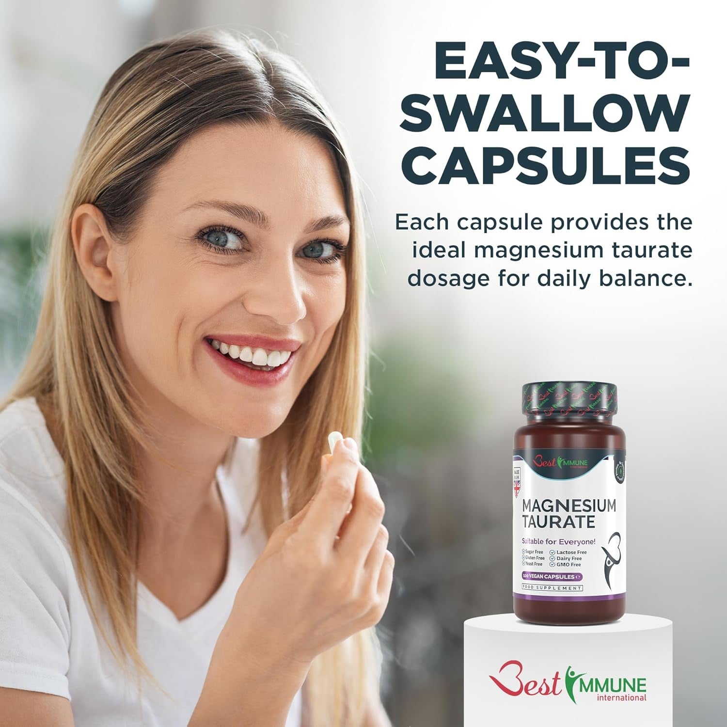 Best Immune, Magnesium Taurate 500Mg Supplement - Strength Balanced Formula for Absorption, Bioavailability, Support Energy & Muscle Function, for Men Women, 500 Mg 100 Capsules, 100 Days Supply