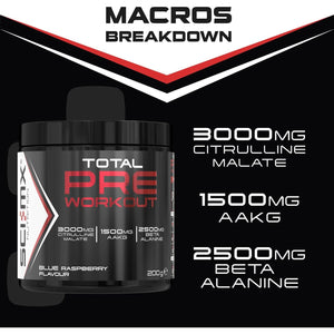 SCI-MX - Total Pre Workout - Blue Raspberry Flavour - 2500Mg Beta Alanine • 3000Mg Citrulline Malate • 200Mg Caffeine • Niacin for Fatigue - 200G