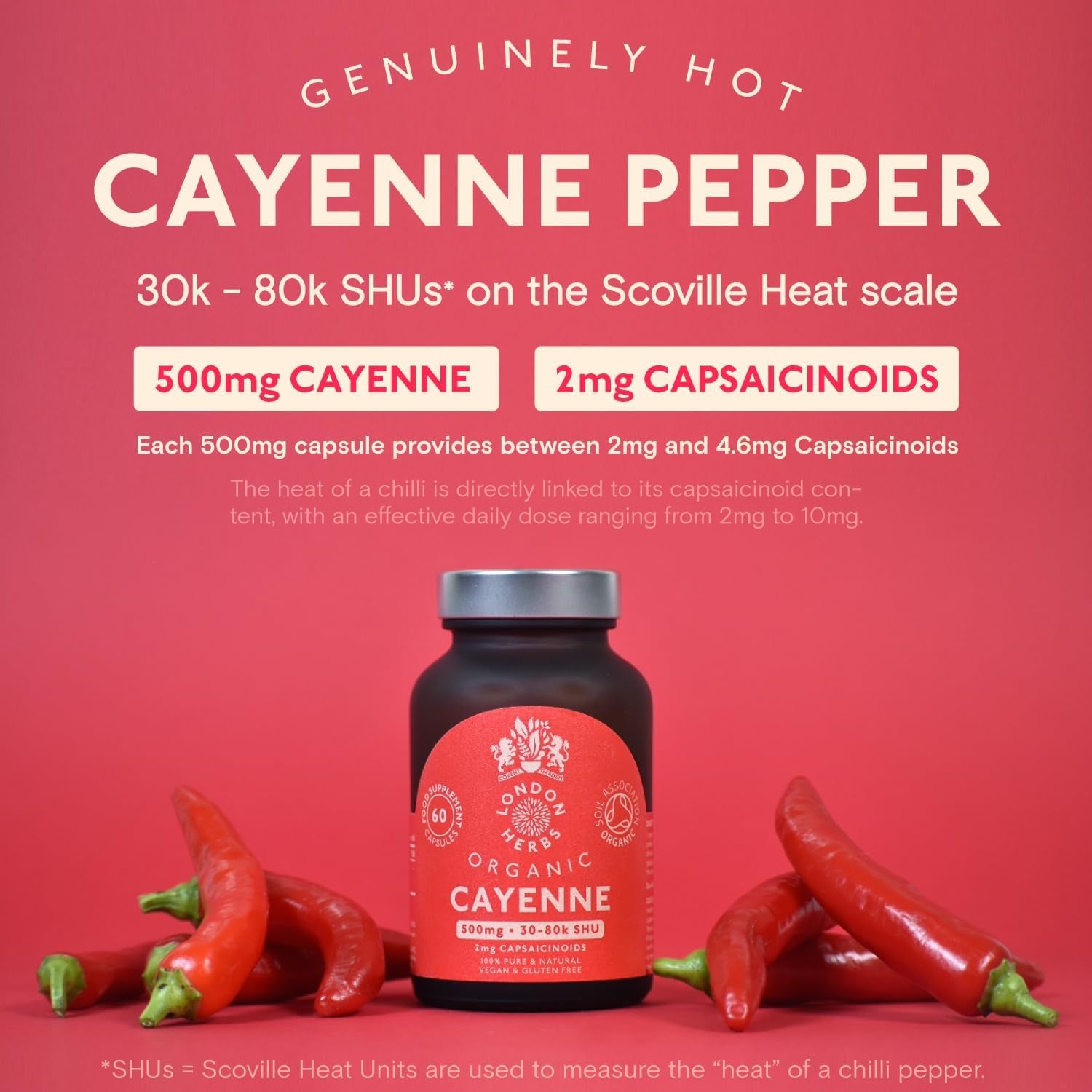 Organic Cayenne Pepper Capsules 500Mg | 2Mg Capsaicinoids Including Capsaicin | 60 Vegan Capsules with Zero Fillers or Synthetic Ingredients - 100% Pure & Natural Cayenne Powder