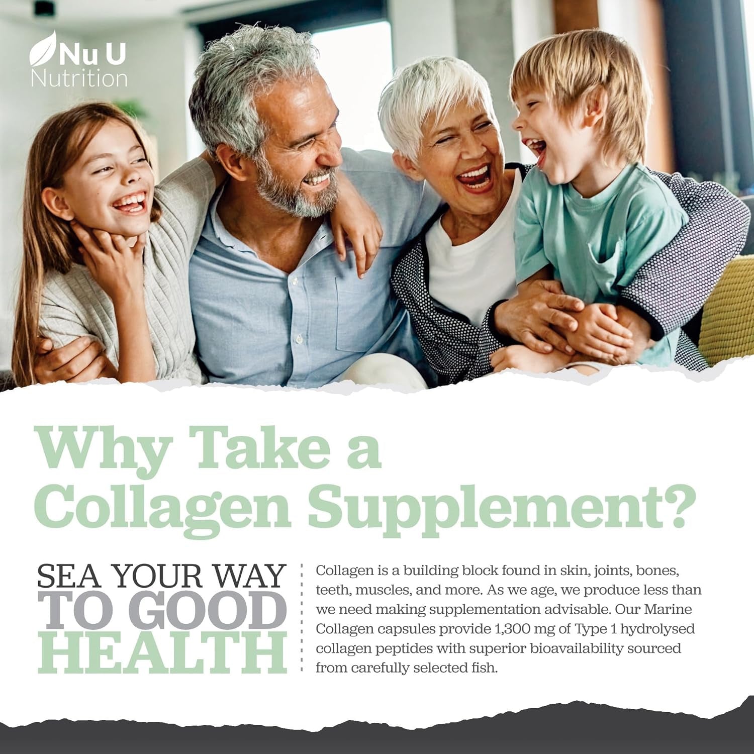 Marine Collagen with Hyaluronic Acid, Vitamin C - 90 Hydrolyzed Capsules (Not Tablets) - Premium High Strength Collagen Supplements for Women & Men - Type 1 Marine Collagen - Nu U Nutrition