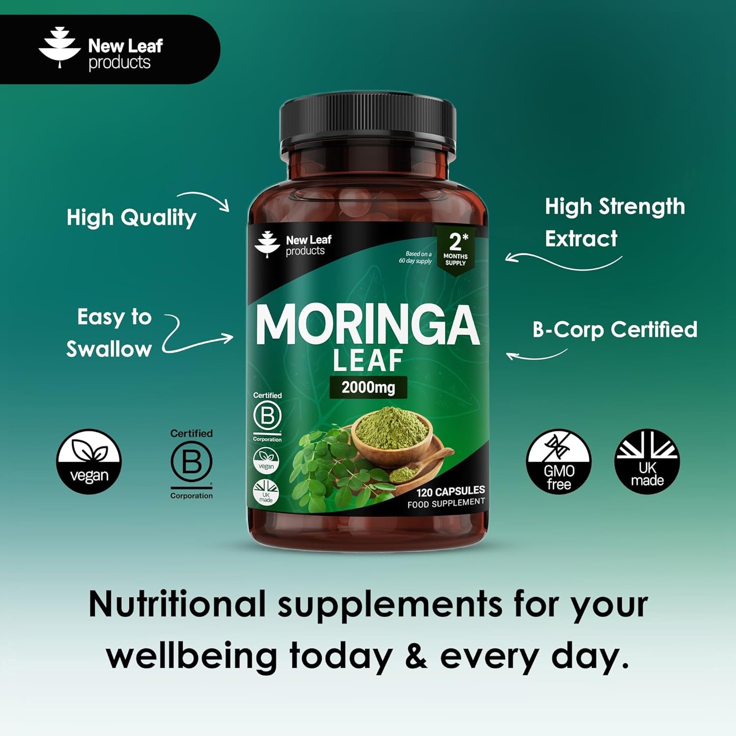 Moringa Leaf Capsules - High Strength Moringa Capsules 2000Mg - Pure Vegan Extract & Powder - 120 (Two Months Supply) Enriched with Black Pepper by New Leaf