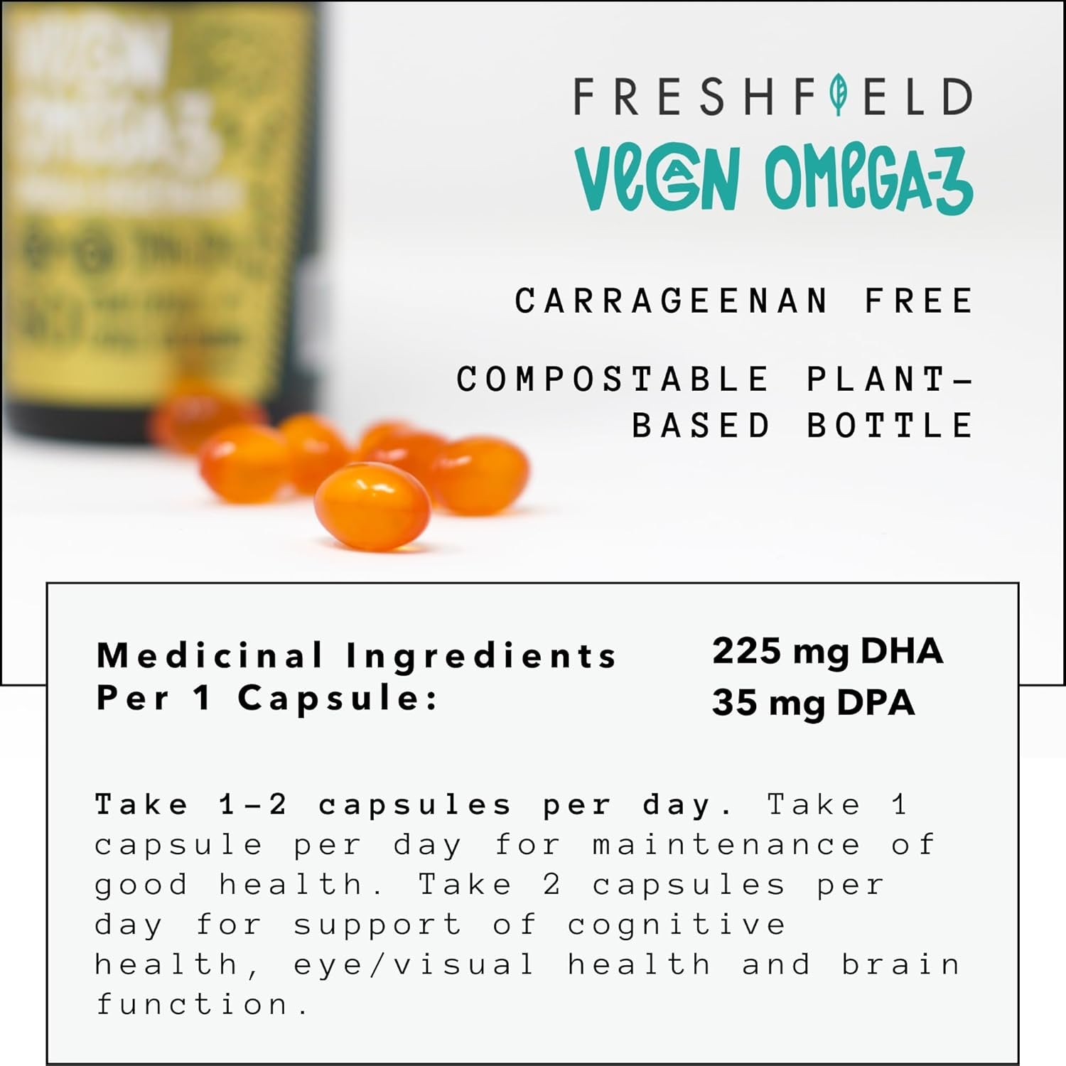 Freshfield Vegan Omega 3 DHA & DPA Supplement: Premium Algae Oil, 2 Month Supply, Plant Based, Sustainable, Premium and Mercury Free. Supports Heart, Brain, Joint Health