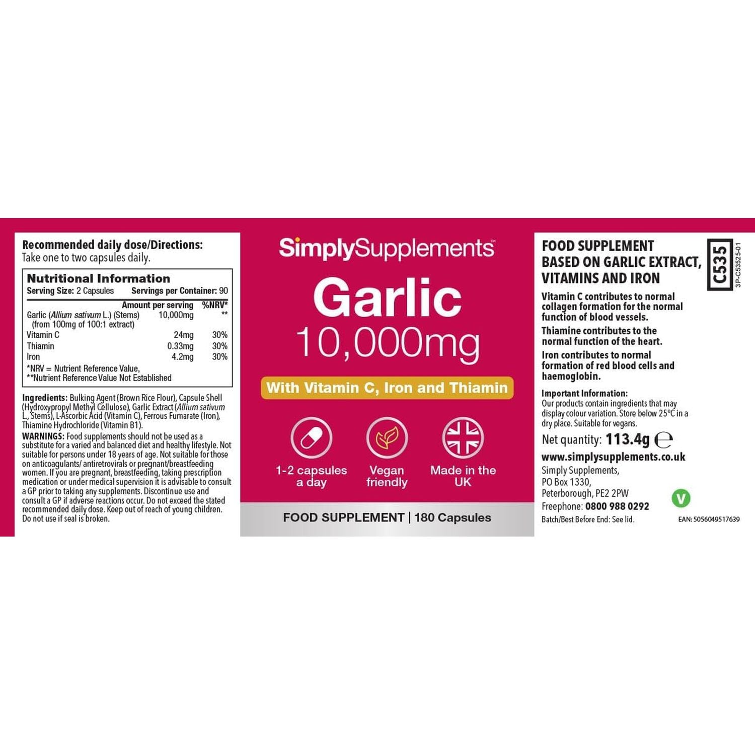 High-Strength Odourless Garlic Capsules | Supports Heart, Normal Blood Circulation & Immune Health | with Vitamin C, Iron & Thiamine | Vegan Friendly | 180 Capsules = 3 Months’ Supply | UK Made