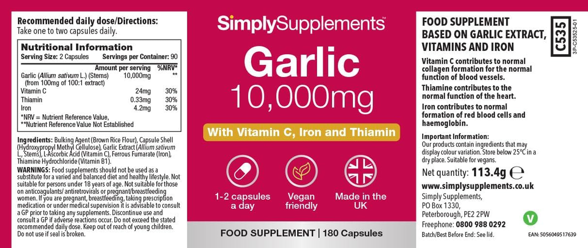 High-Strength Odourless Garlic Capsules | Supports Heart, Normal Blood Circulation & Immune Health | with Vitamin C, Iron & Thiamine | Vegan Friendly | 180 Capsules = 3 Months’ Supply | UK Made