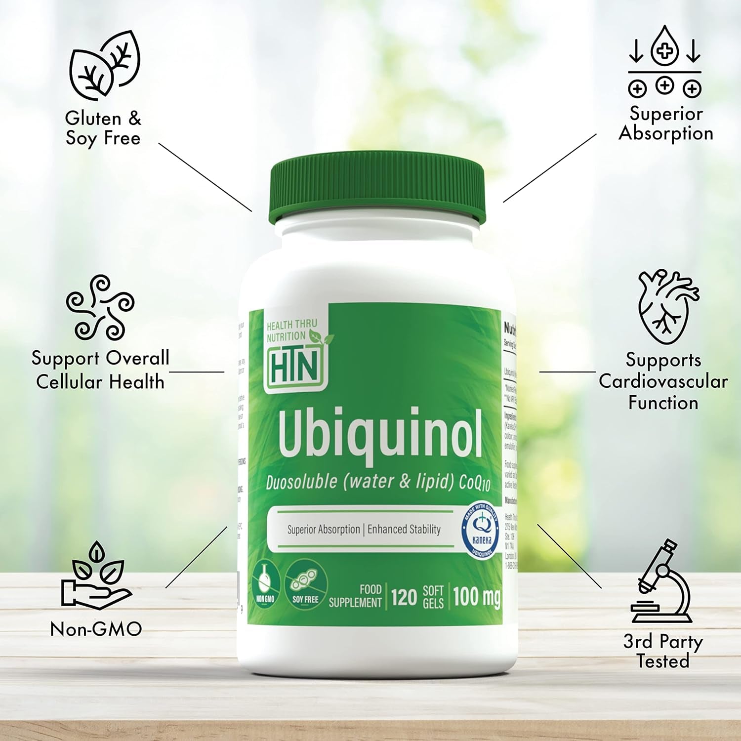 Ubiquinol 100Mg 120 Softgels (Duosoluble: Water & Lipid) Superior Absorption Coq-10 (As Kaneka Ubiquinol) Non-Gmo by Health Thru Nutrition