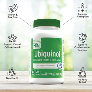 Ubiquinol 100Mg 120 Softgels (Duosoluble: Water & Lipid) Superior Absorption Coq-10 (As Kaneka Ubiquinol) Non-Gmo by Health Thru Nutrition