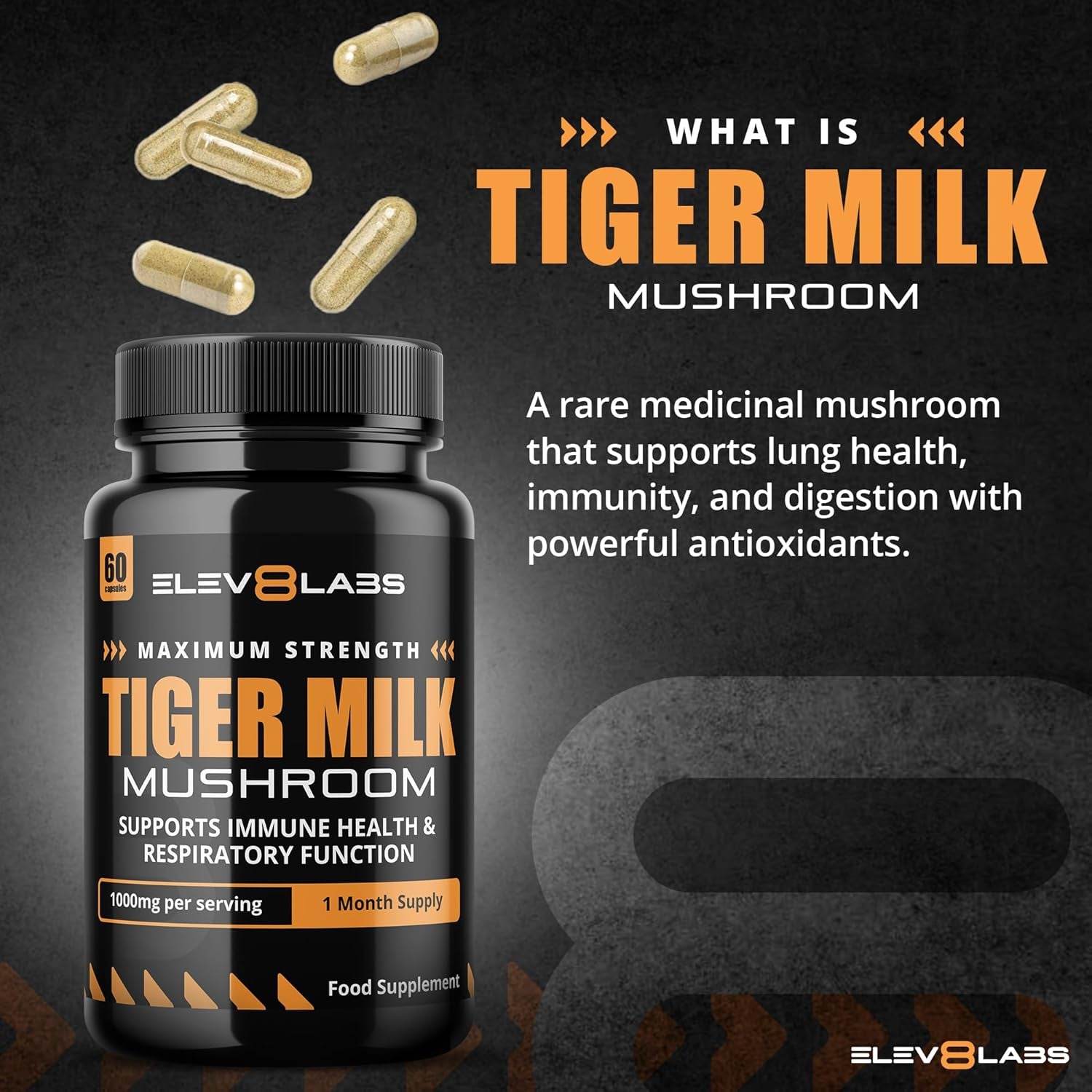 Tiger Milk Mushroom Capsules 1000Mg - High Strength | 60 Capsules | Natural Adaptogen for Immunity & Respiratory Health | Supports Daily Wellness & Vitality | 1 Month Supply, 2 a Day