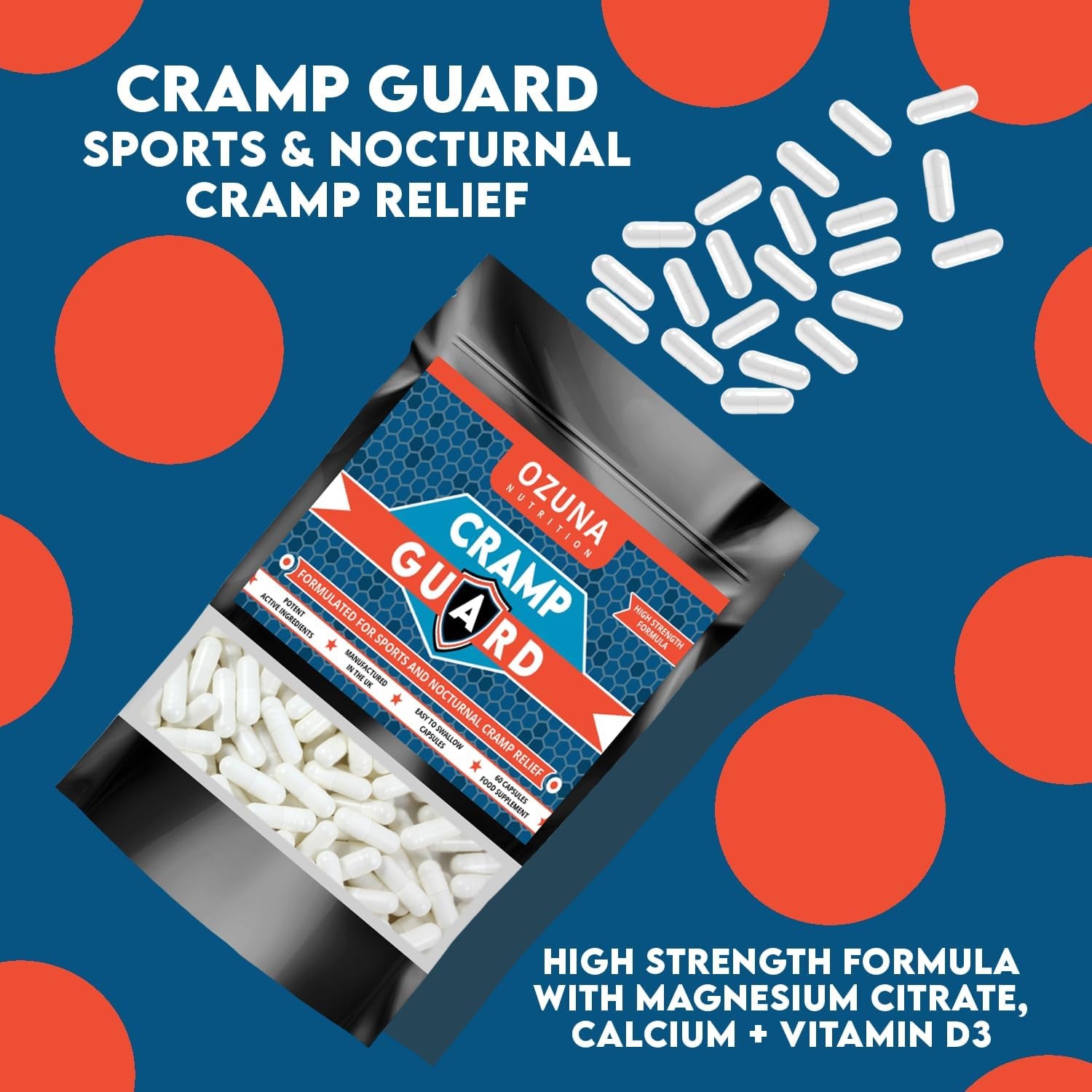 Cramp Guard Magnesium Supplement | Sports & Nocturnal Cramp Relief | Highly Bioavailable Magnesium Citrate, Vitamin D3 & Calcium | Muscle, Leg Cramps & Restless Leg Syndrome (RLS) Relief, 60 Capsules