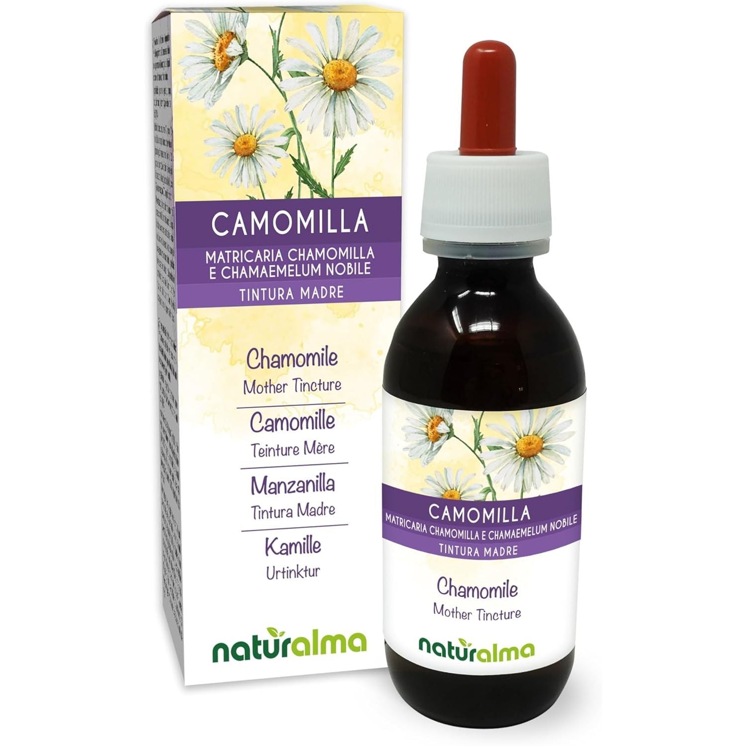 German and Roman Chamomile (Matricaria Chamomilla and Chamaemelum Nobile) Flower Heads Alcohol-Free Mother Tincture Naturalma - Liquid Extract Drops 120 Ml - Food Supplement - Vegan