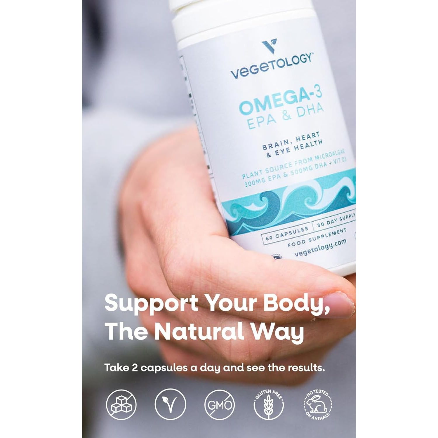 Vegetology, Vegan Omega 3 Capsules High Strength, 800Mg of EPA DHA from Algae Oil, with Added Vitamin D3, Supports Heart, Brain Function and Eye Health, 60 Capsules, UK Made