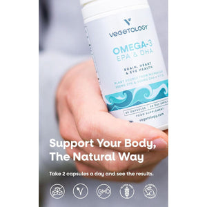 Vegetology, Vegan Omega 3 Capsules High Strength, 800Mg of EPA DHA from Algae Oil, with Added Vitamin D3, Supports Heart, Brain Function and Eye Health, 60 Capsules, UK Made