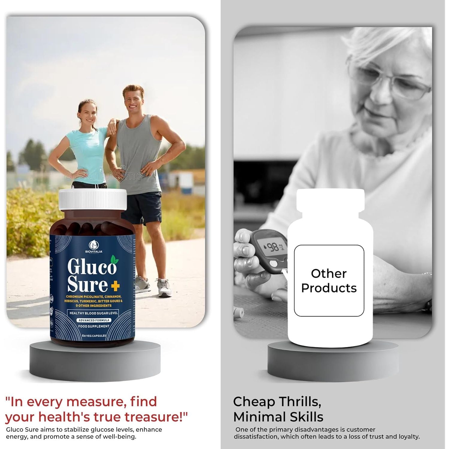 Biovitalia Gluco Sure+ Blood Sugar Control Supplement Capsules with Chromium Picolinate Cinnamon Bitter Gourd Hibiscus for Healthy Blood Sugar Levels Vegan Glucose Support Supplement - 60 Capsules