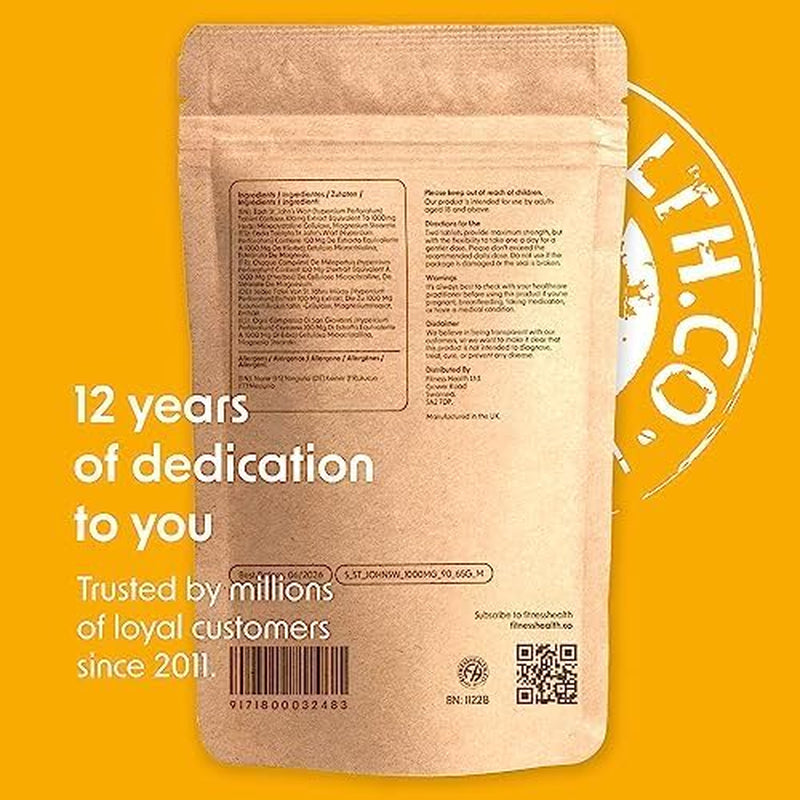 Fitness Health ST Johns Wort Tablets | Relief of Slightly Low Mood & Mild Anxiety | High Strength Supplement | Vegan Tablets & UK Made | High Strength St. John'S Wort Supplement | 1000MG (90 Tablets)