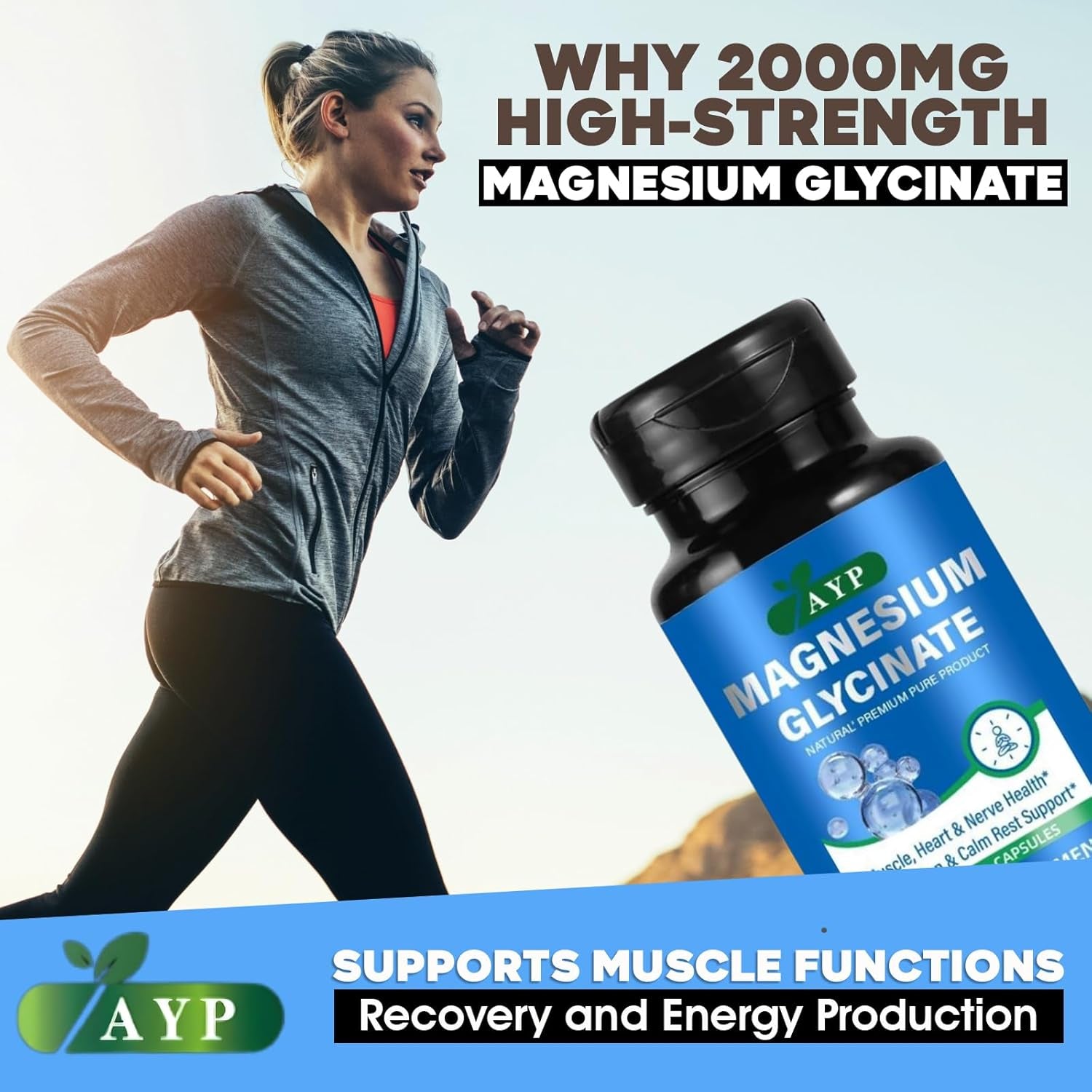 Magnesium Glycinate Supplements 2000Mg High Strength Premium Pure Magnesium - 60 Capsules for Muscle Heart Nerve Health Relaxation Calm for Men & Women