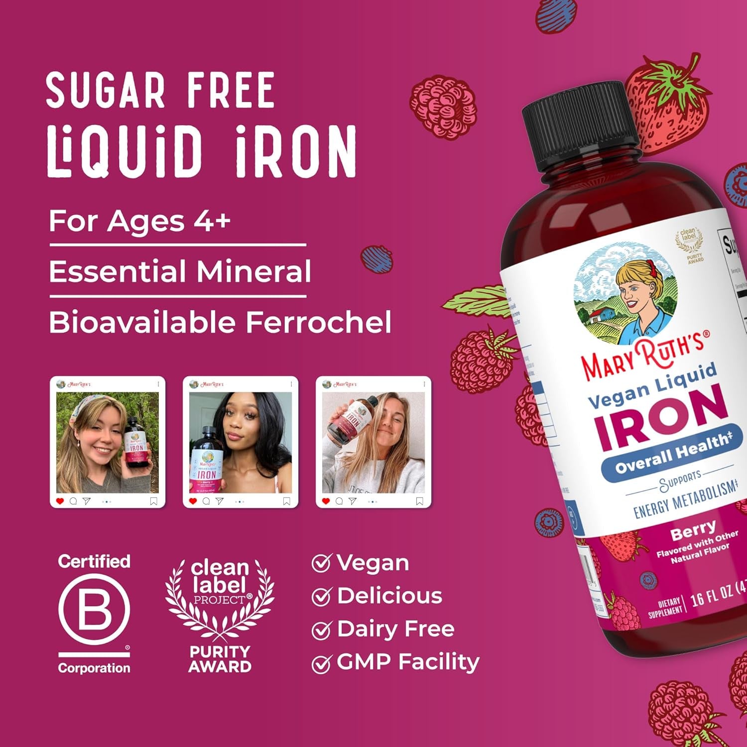 Maryruth Organics, Liquid Iron, Vegan Liquid Iron, 450Ml, Vegetarian, Gluten-Free, Soy-Free, Non-Gmo
