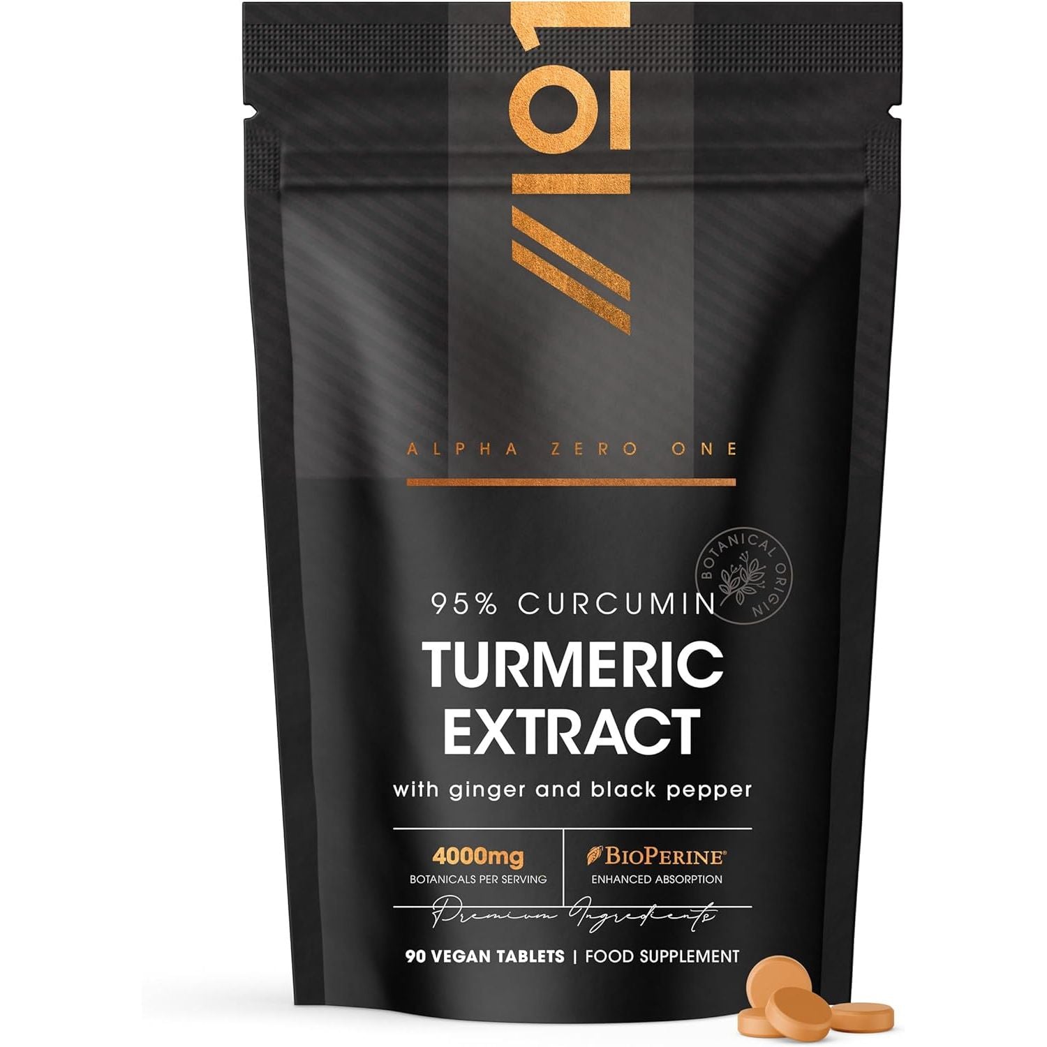 Turmeric Tablets 3000Mg with Black Pepper & Ginger – 90 Count – 95% Curcuminoids Supplement – Resealable and Recyclable Pouch by Alpha01