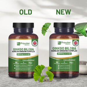 Ginkgo Biloba and Korean Ginseng Tablets 16000Mg 180 Vegan Tablets | Ginkgo 12000Mg & Korean Ginseng Root 4000Mg Supports Cognitive Function & Mental Performance | UK Manufactured by Prowise
