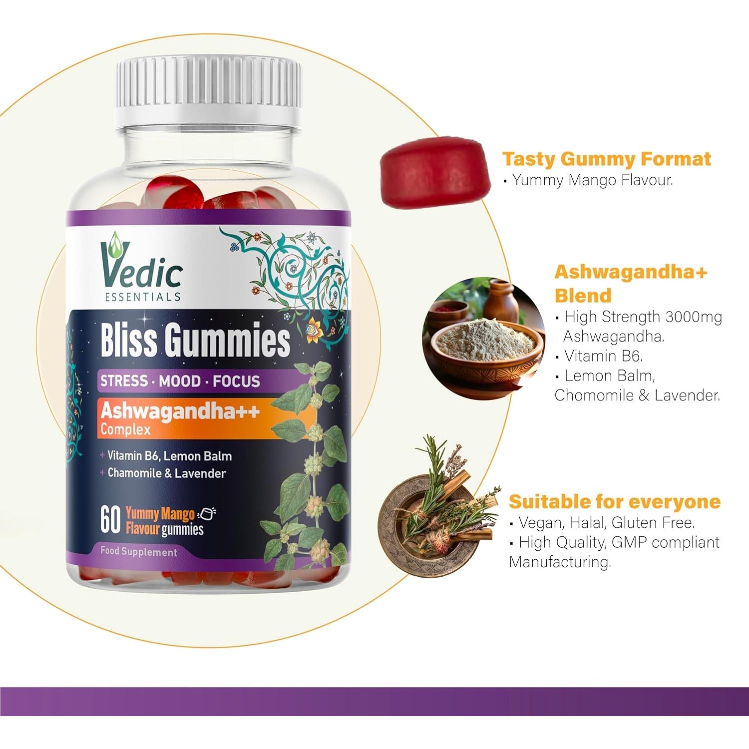 Vedic Bliss Gummies- Stress, Mood, Focus | Sugar Free Ashwagandha Gummies with Chamomile, Lemon Balm, Lavender, VIT B6 | Stress & Anxiety Gummy | High Strength Ashwagandha, Vegan, Yummy Mango Flavor
