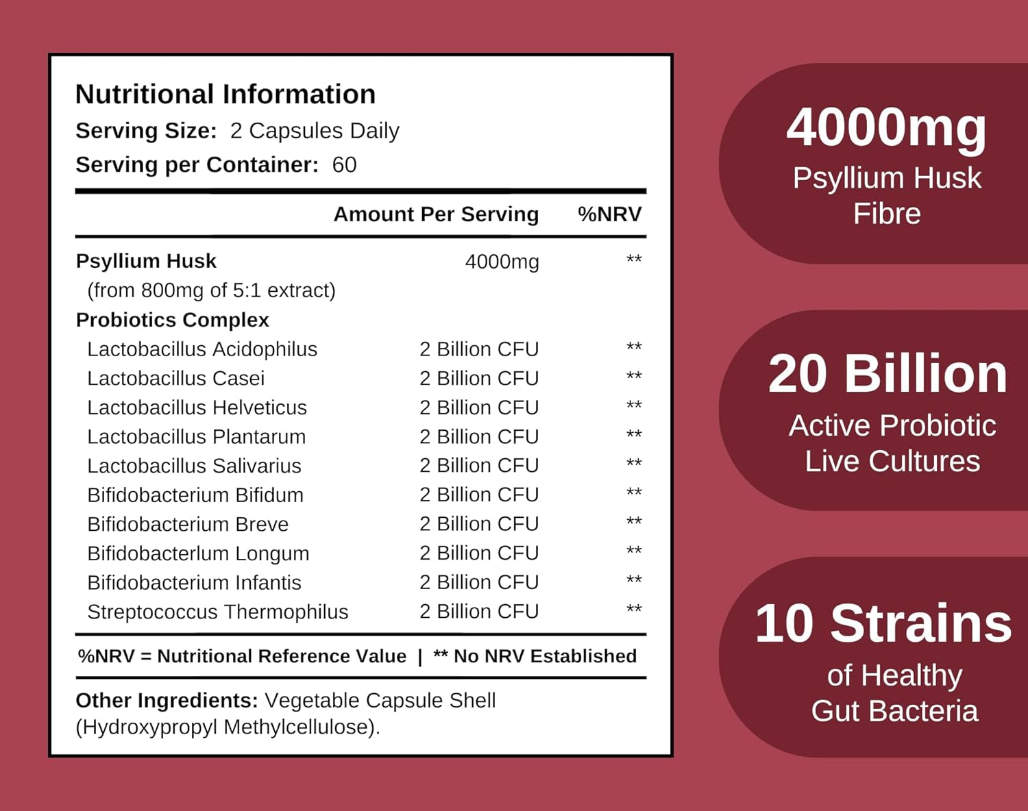 Powerful 4000Mg Psyllium Husk Fibre with Probiotics – 20 Billion CFU with 10 Strains – Natural Easy to Absorb Fibre from Plantago Ovata Seeds - 120 Capsules to Promote Regularity & Digestive Health