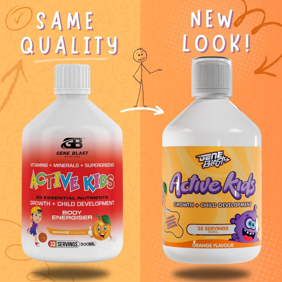 Gene Blast Active Kids Liquid Multivitamin Supplement, Minerals, and Super Greens for Children Aged 3-16 | 29 Essential Nutrients | Child Vitamins, Body Energiser Health, Growth & Development – 500Ml