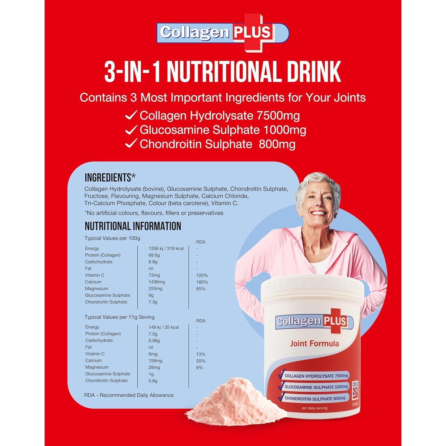 Collagen plus 3-In-1 Powder for Women & Men - Orange Flavoured & Dissolves Easily. with Vitamin C, Glucosamine, Chondroitin & Collagen for Joints - Yeast, Lactose & Gluten Free - 350G