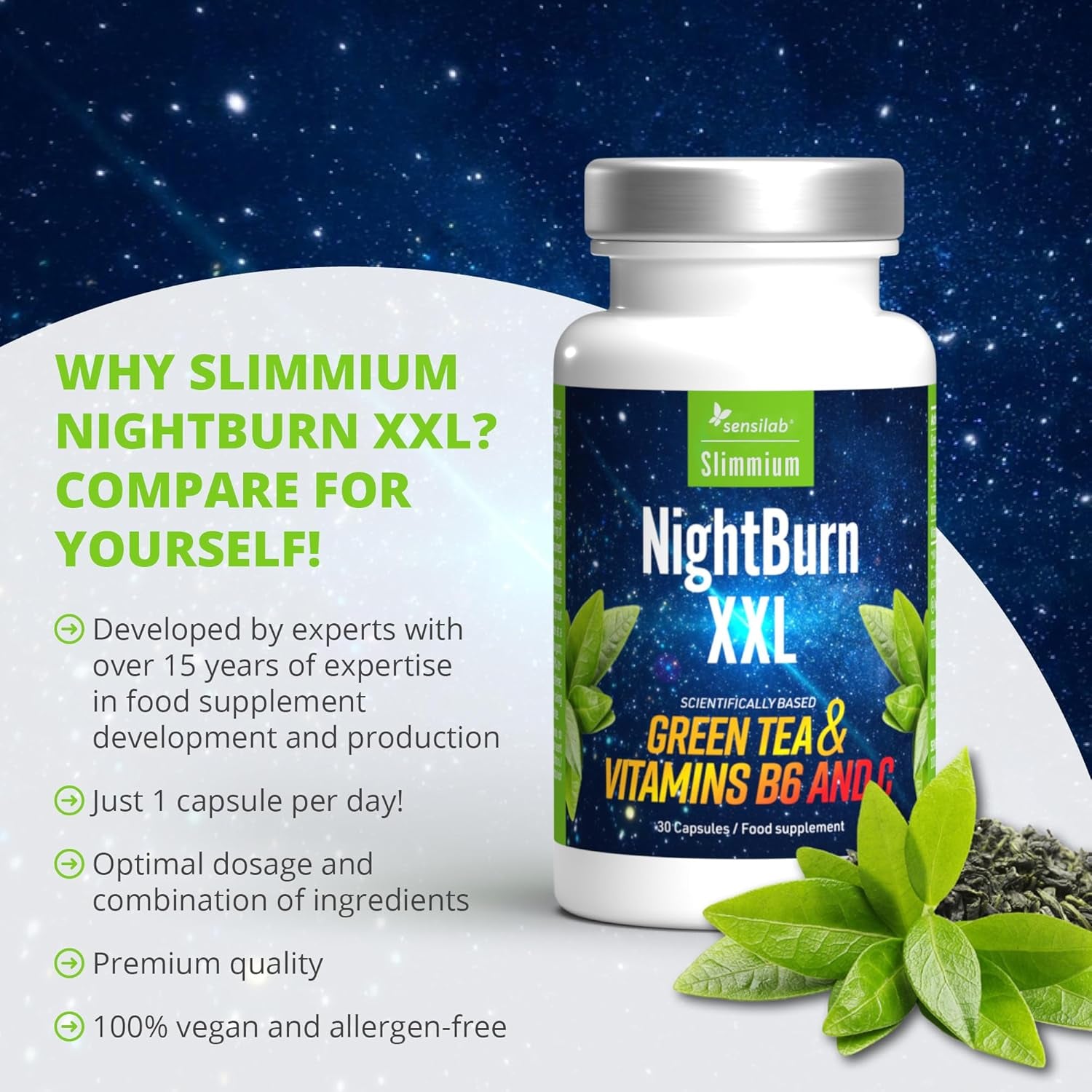 Weight Loss Capsules, Premium Green Tea Extract, with Added Vitamins B6 and Vitamin C - 30 Day Supply Slimmium Sensilab, Nightburn XXL