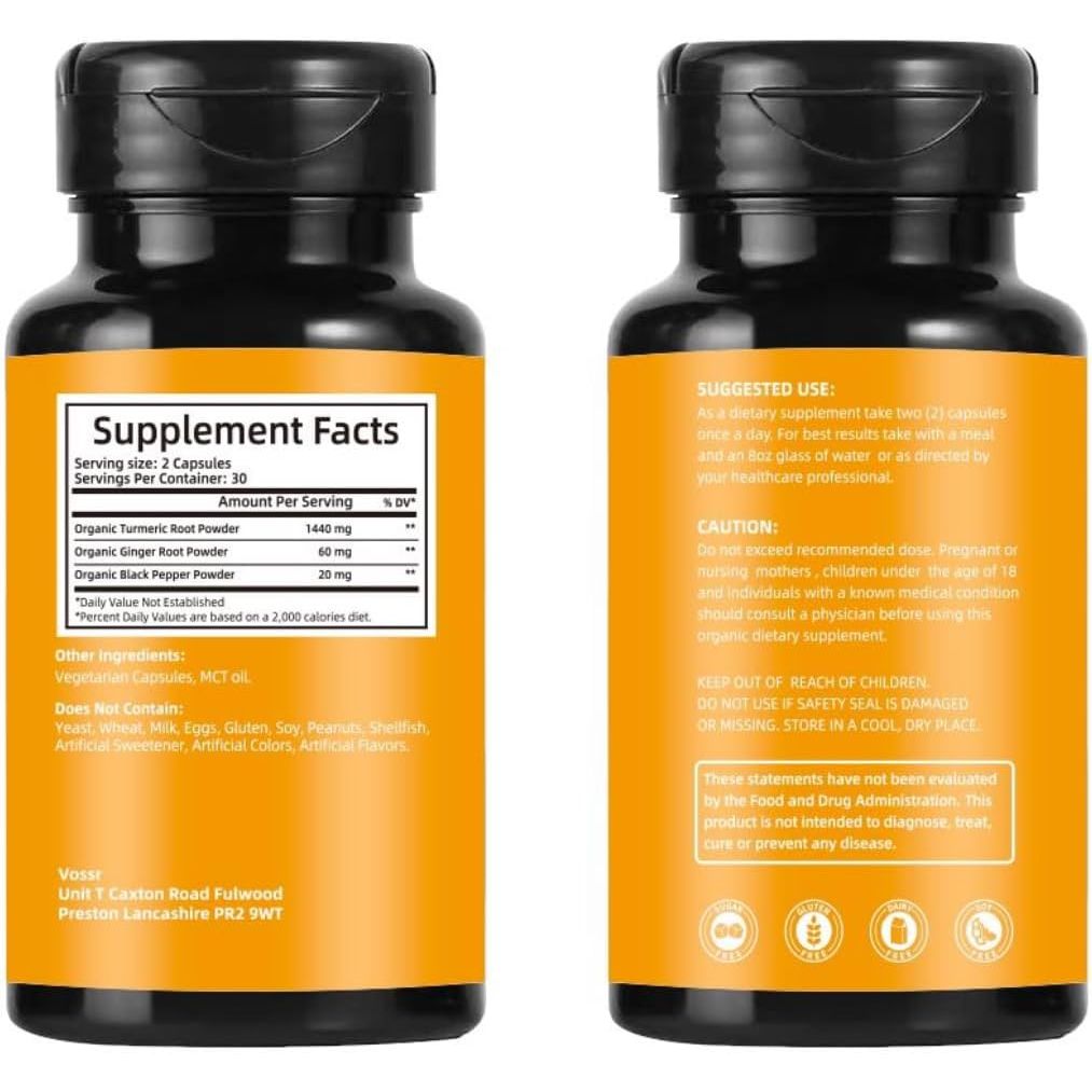 Turmeric and Black Pepper Supplement 1440Mg –Organic Turmeric with Ginger Root |60 Softgel Capsules for Joint Support, Inflammation Relief & Digestive Health |High Absorption Formula with MCT Oil