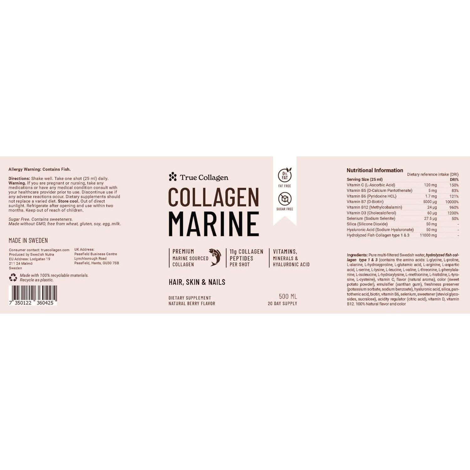 True Collagen - Liquid Marine Collagen 11000 Mg, Pack of 500Ml I Hydrolyzed Collagen Peptides for Skin, Hair, Nails I No Sugar - 20 Day Supply