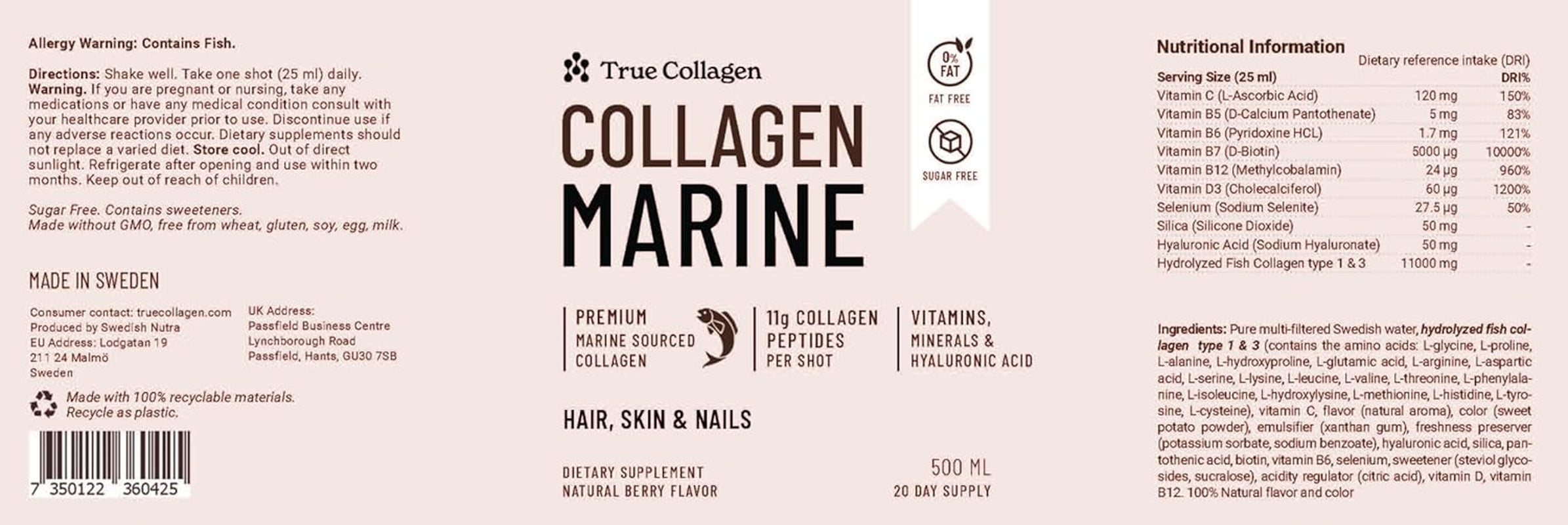 True Collagen - Liquid Marine Collagen 11000 Mg, Pack of 500Ml I Hydrolyzed Collagen Peptides for Skin, Hair, Nails I No Sugar - 20 Day Supply