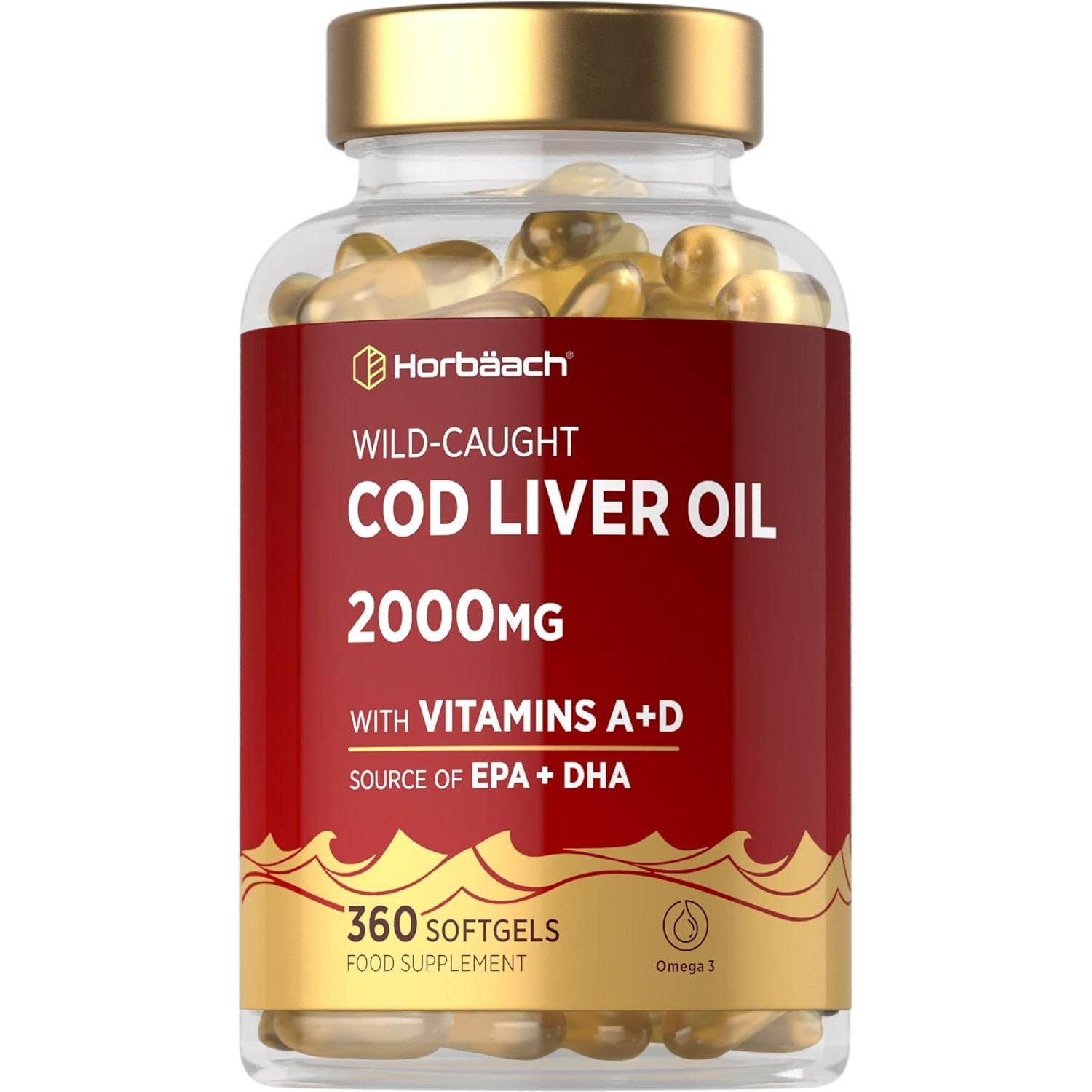 Cod Liver Oil Capsules High Strength | 2000Mg | 360 Count | with Omega 3, Vitamin D and a | with 171Mg of DHA and 151Mg of EPA | Rich in Omega 3 Fatty Acids | by Horbaach