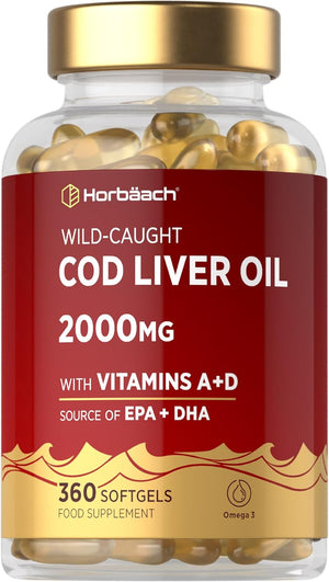 Cod Liver Oil Capsules High Strength | 2000Mg | 360 Count | with Omega 3, Vitamin D and a | with 171Mg of DHA and 151Mg of EPA | Rich in Omega 3 Fatty Acids | by Horbaach