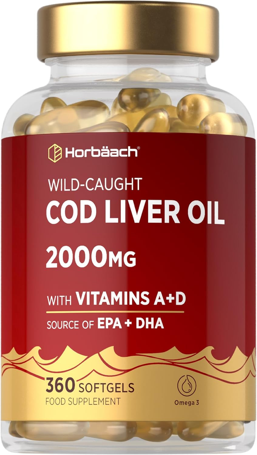 Cod Liver Oil Capsules High Strength | 2000Mg | 360 Count | with Omega 3, Vitamin D and a | with 171Mg of DHA and 151Mg of EPA | Rich in Omega 3 Fatty Acids | by Horbaach